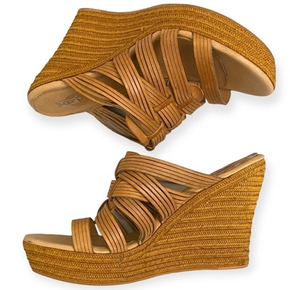 UGG Melinda Strappy Platform Sandals Slip On Wedges Tan Leather Size 11 - Picture 1 of 13